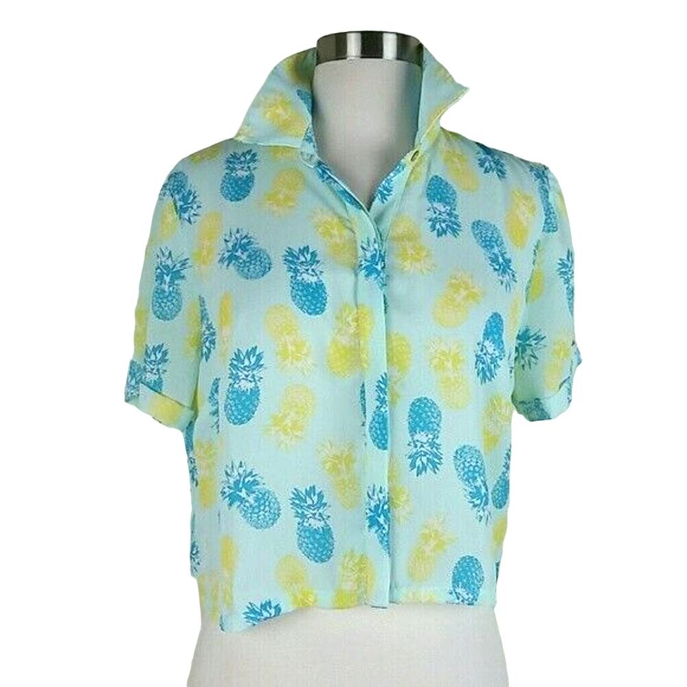 Freebird Blouse Women M Tropical Hawaiian Pineapple Resort Summer SS Button Top